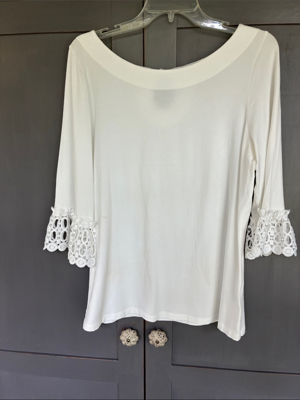 Lilly Pulitzer White Scoop Neck Top with Crochet Bell Sleeves